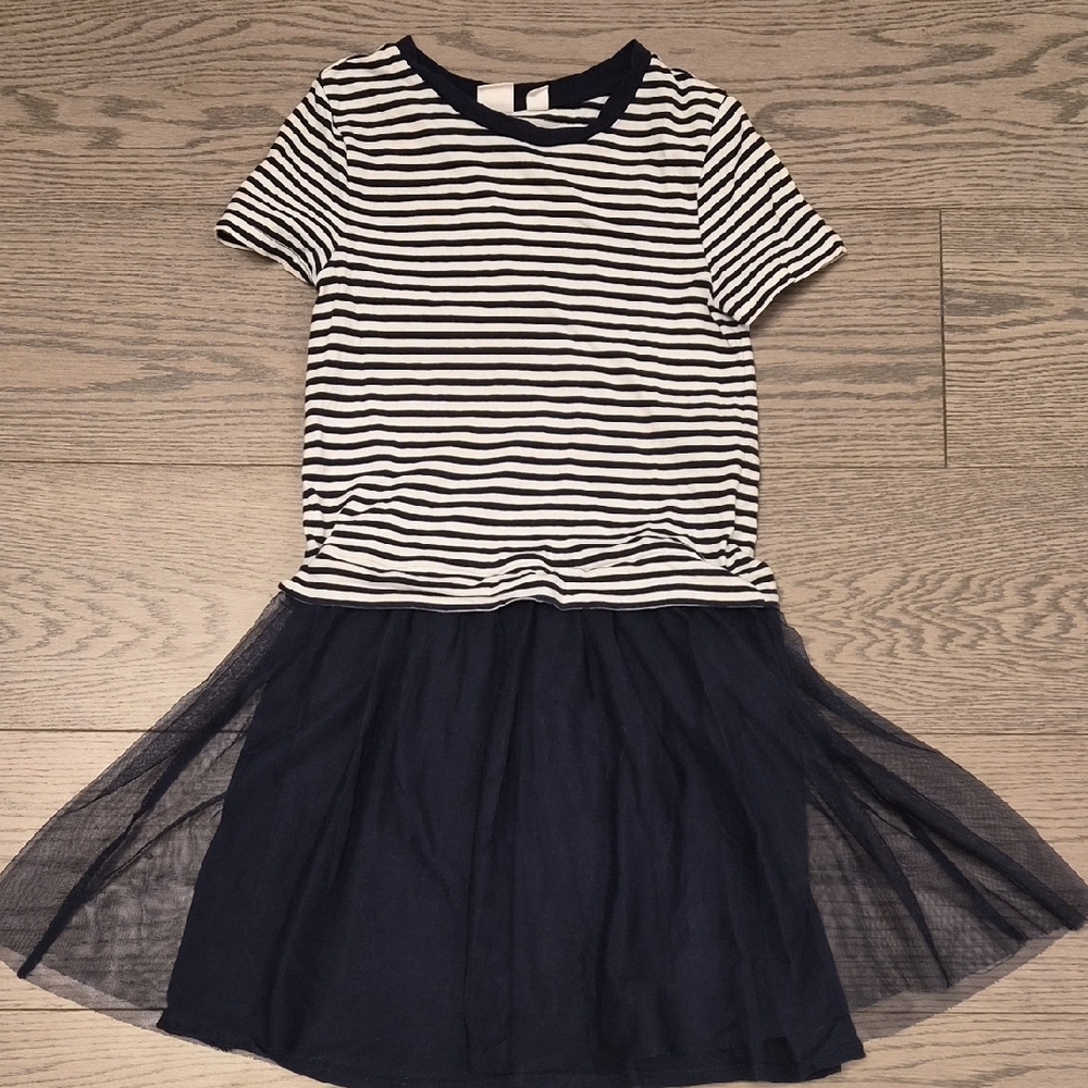 Gap Kids Girls' Navy & White Striped Tee Dress with Tulle Skirt Size M